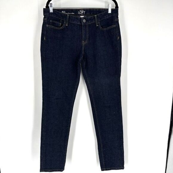 LOFT Modern Slim Fit Dark Wash blue Jeans Size 10 Mid Rise 32” inseam tall - Picture 2 of 12